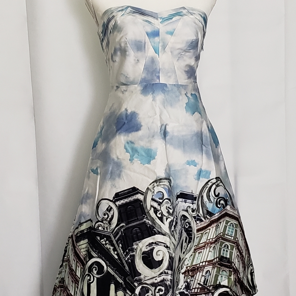 Moulinette Soeurs Strapless Skyline Graphic Print A Line Skirt Dress Size 2
